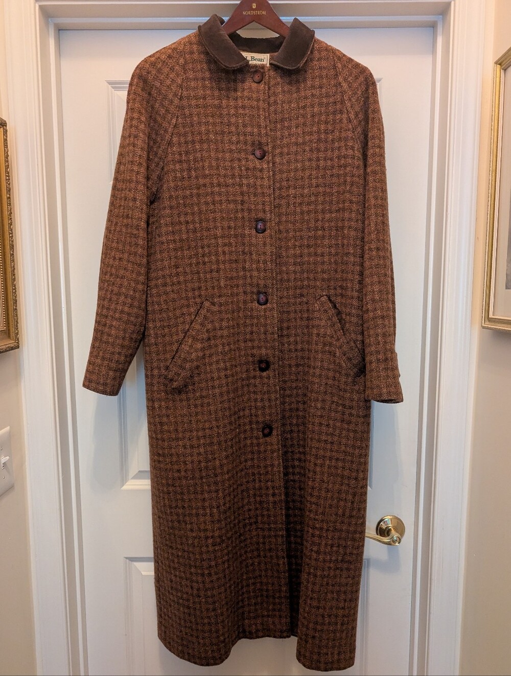 LL Bean Women's Brown and Rust Houndstooth Long Coat